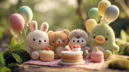 Adorable plush animals celebrate a birthday picnic.