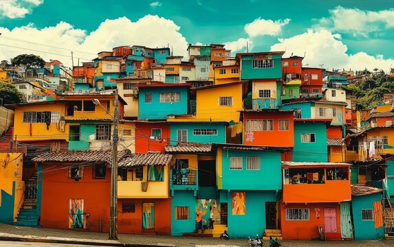 Brazilian favela showcasing vibrant street art and colorful architecture.