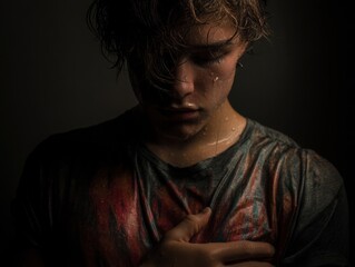 Fototapeta premium Close-up portrait of a distressed young person.