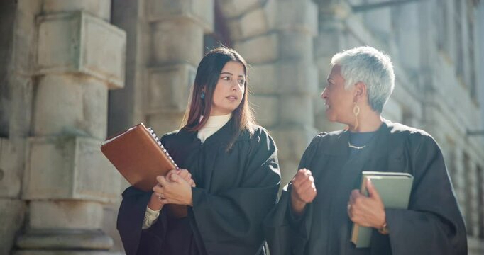 Advisor, talking and judge or women in city for courtroom discussion, legal team and justice constitution. Trial collaboration, verdict claims and evidence legislation with magistrate for law case