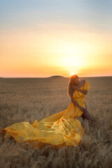 A girl with brown hair in a long yellow dress with a train in a wheat field at sunset. Posing model, fashion. High quality photo