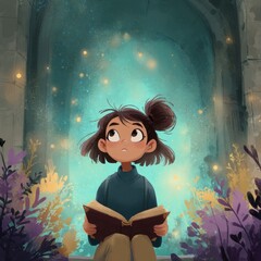 A young girl engrossed in a book under a mystical light.