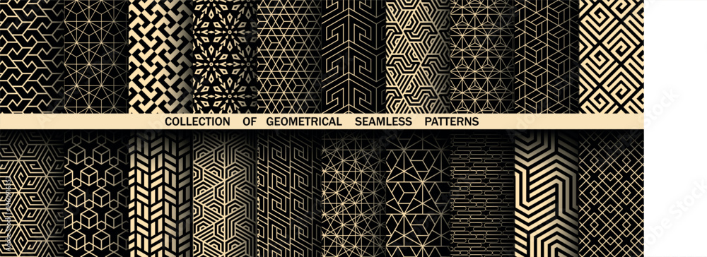 Fototapete Geometric set of seamless black and golden patterns. Simple vector graphics
