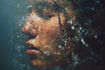Close-up portrait of a person with water droplets.