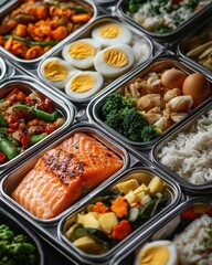 Variety of prepared healthy meals in meal prep containers overhead studio shot for balanced diet planning