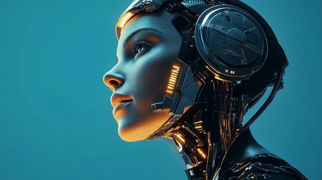 Looking to the future, an elegant female android gazes wistfully with glowing accents over blue horizon, her expression capturing thoughtful