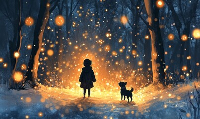 whimsical watercolor of a child and their dog walking through a snowy forest lit by glowing fairy lights, Generative AI