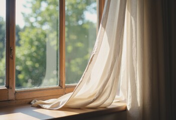 Soft curtains gently draping by a sunlit window, creating a serene atmosphere