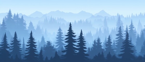 Fototapeta premium Misty Blue Forest Landscape Illustration with Evergreen Trees and Distant Mountains in Panoramic View
