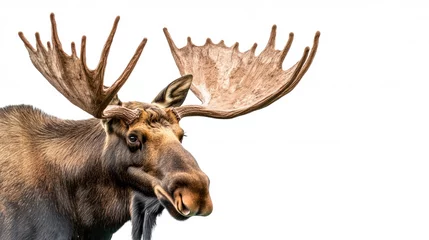 Crédence de cuisine en verre imprimé Majestic Bull Moose Portrait on White Background  Close-up Wildlife Photography of Large Antlers and Brown Fur  Isolated Animal in Studio Setting