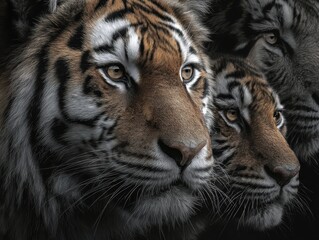 Fototapeta premium Close-up view of three tigers' faces, detailed portrait.