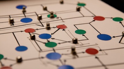 Complex network diagram with colored nodes and connections.