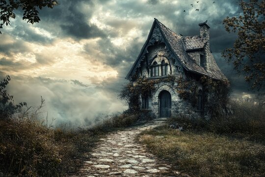 Misty, stone cottage on a winding path - Powered by Adobe