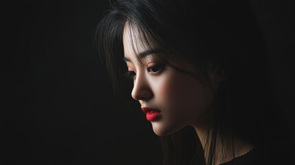 Fototapeta premium Portrait of Asian Woman Against a Black Background. Elegance and Serenity in Monochrome.