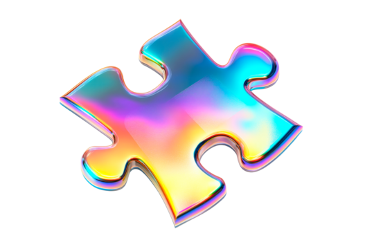 Shiny vibrant puzzle piece, vibrant colors, rainbow effect, cut out transparent