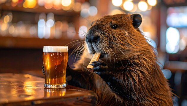Beaver Enjoying Beer at a Pub
