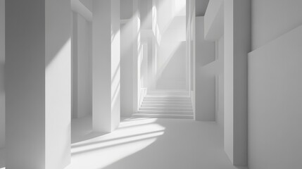 Fototapeta premium Minimalist Architecture Interior with Staircase and Sunlight Streaming Through Columns in White Space Abstract Perspective