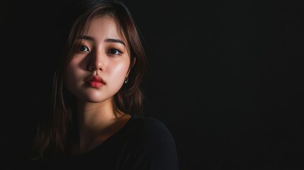 Naklejka premium Portrait of Asian Woman Against a Black Background. Elegance and Serenity in Monochrome.