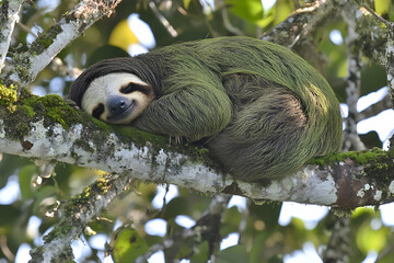 Fototapeta premium Adorable three-toed sloth sleeping peacefully on a moss-covered branch in a lush rainforest. Perfect for nature, wildlife, and relaxation themes.