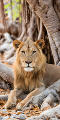 Obraz premium Majestic Lion Relaxing Under a Baobab Tree in the African Savanna