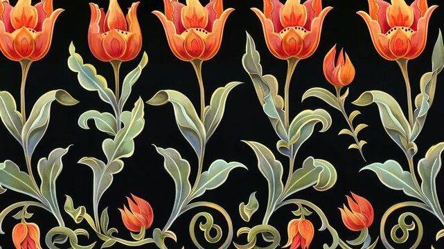 Against a black backdrop, decorative seamless pattern features ornate orange tulips with stylized leaves and swirling vines.