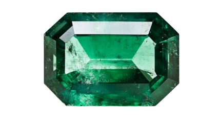 Octagon cut emerald gemstone, precious stone, rich green color, cut out transparent