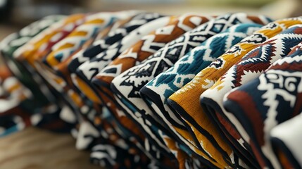 Folded colorful textiles with intricate patterns