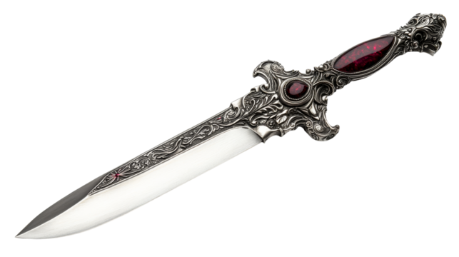 Ornate ceremonial dagger with ruby gems, cut out transparent
