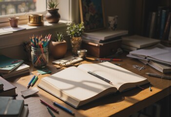 Open book on a wooden desk surrounded by stationery and plants