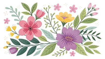 Floral background illustration with pink, purple, and yellow flowers and green leaves