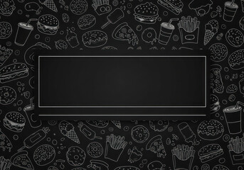 White outlined food and drinks on blackboard.