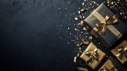 Festive black and gold gift boxes with celebratory decorations.