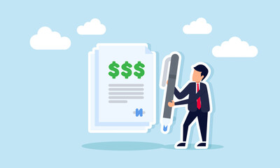 Businessman holding pen beside document with dollar sign illustrating financial document validation
