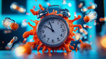 A surreal blend of time and chaos featuring an alarm clock surrounded by splashes of color and light bulbs