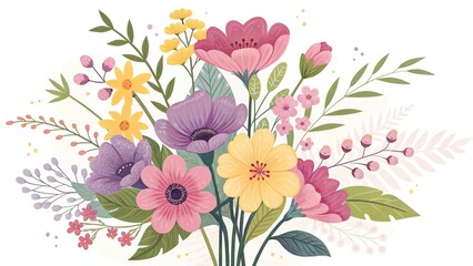 Beautiful assortment of illustrated flowers in bright and vibrant colors on white