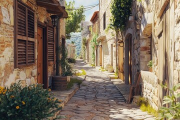 Picturesque narrow cobblestone street winding through charming old european town on sunny summer day