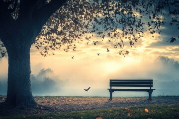 Tranquil autumn morning scene with a park bench under a large tree