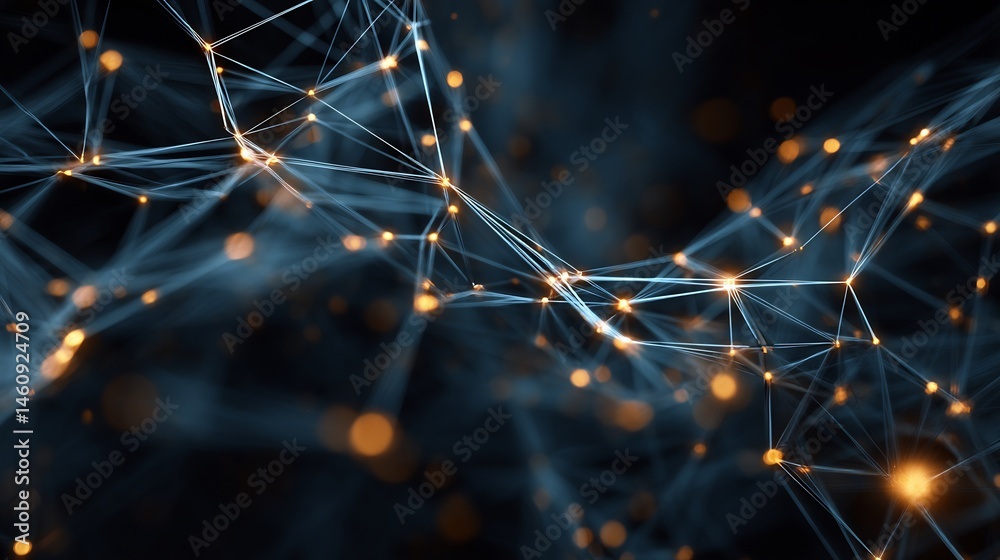 Poster intricate network of glowing nodes connected by lines forming a complex structure