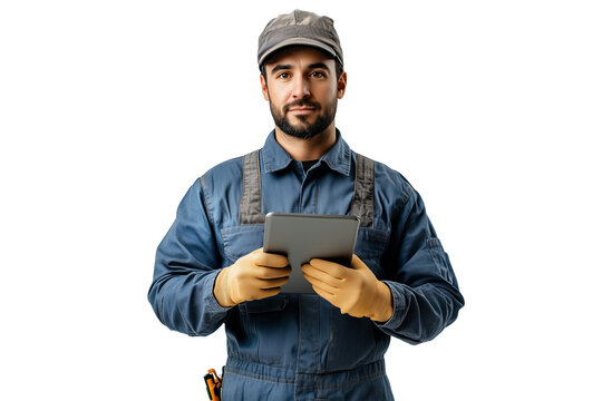 Portrait of a mechanic in a blue uniform holding a tablet, isolated on a transparent background