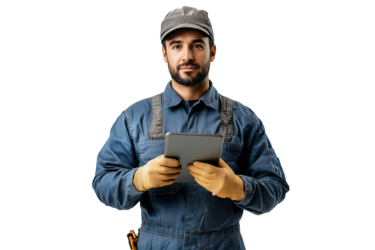 Portrait of a mechanic in a blue uniform holding a tablet, isolated on a transparent background - Powered by Adobe