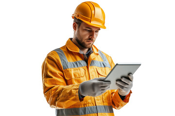Construction worker holding a clipboard or tablet isolated on transparent background