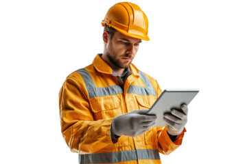 Construction worker holding a clipboard or tablet isolated on transparent background