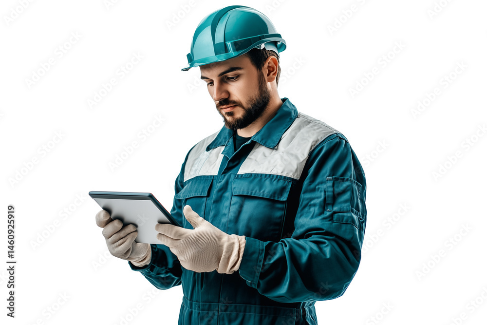 Poster factory technician using a tablet, isolated on white background