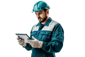 Factory technician using a tablet, isolated on white background