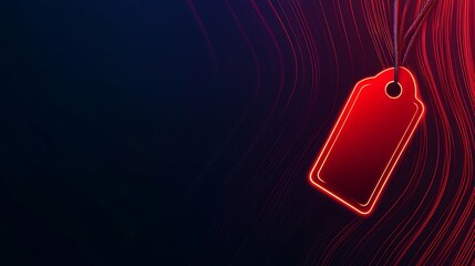 Red tag hanging against a dark abstract background.