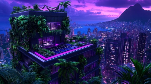 Futuristic urban landscape featuring a green, eco-friendly building illuminated by vibrant neon lights at twilight - Powered by Adobe