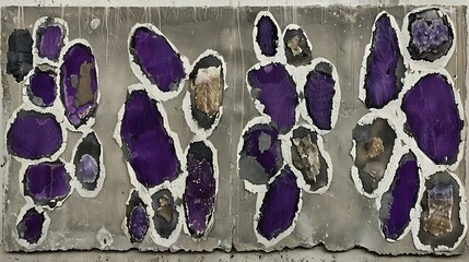 Abstract composition featuring purple shapes on a mottled background, creating depth