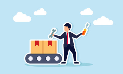 Businessman Holding Screwdriver and Wrench Beside Package Distribution Machine Representing Readiness for Logistics Production or Distribution System Maintenance