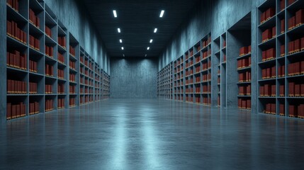 Fototapeta premium Modern Warehouse Interior Empty Shelves Concrete Architecture Storage Space