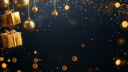 Golden ornaments and gifts against a dark backdrop.